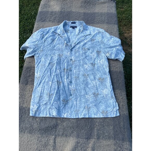 Mens Limited Edition Silk Hawaiian Shirt Blue Palm Print Size L Weekender Beach - Picture 9 of 9